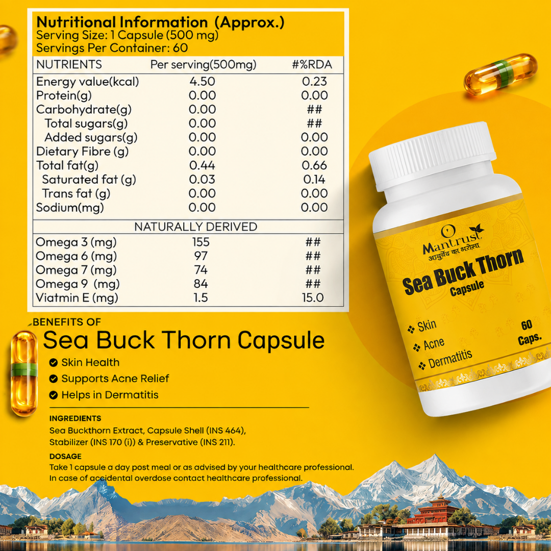 Mantrust Sea Buckthorn Capsules 500mg | Omega 3, 6, 7 & 9 for Skin & Daily Wellness | 60 Capsules