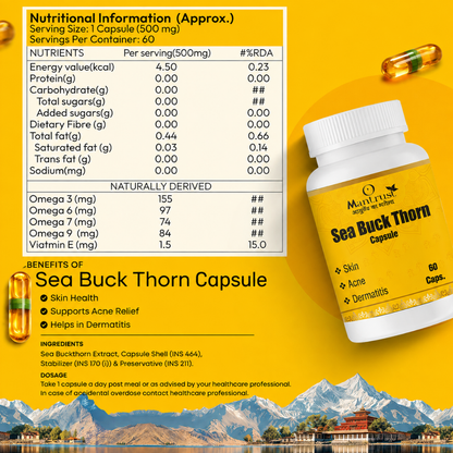 Mantrust Sea Buckthorn Capsules 500mg | Omega 3, 6, 7 & 9 for Skin & Daily Wellness | 60 Capsules