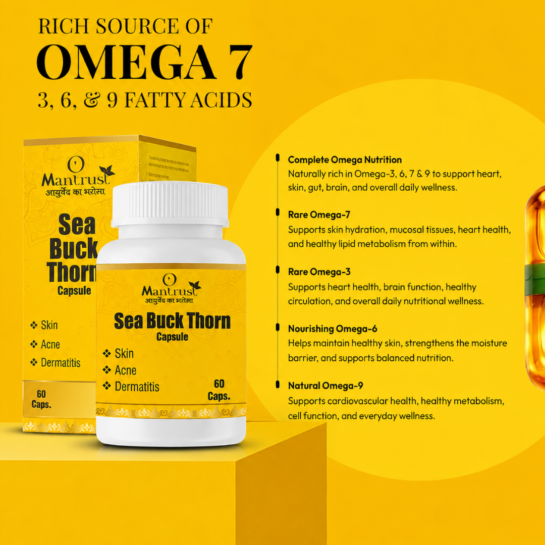 Mantrust Sea Buckthorn Capsules 500mg | Omega 3, 6, 7 & 9 for Skin & Daily Wellness | 60 Capsules