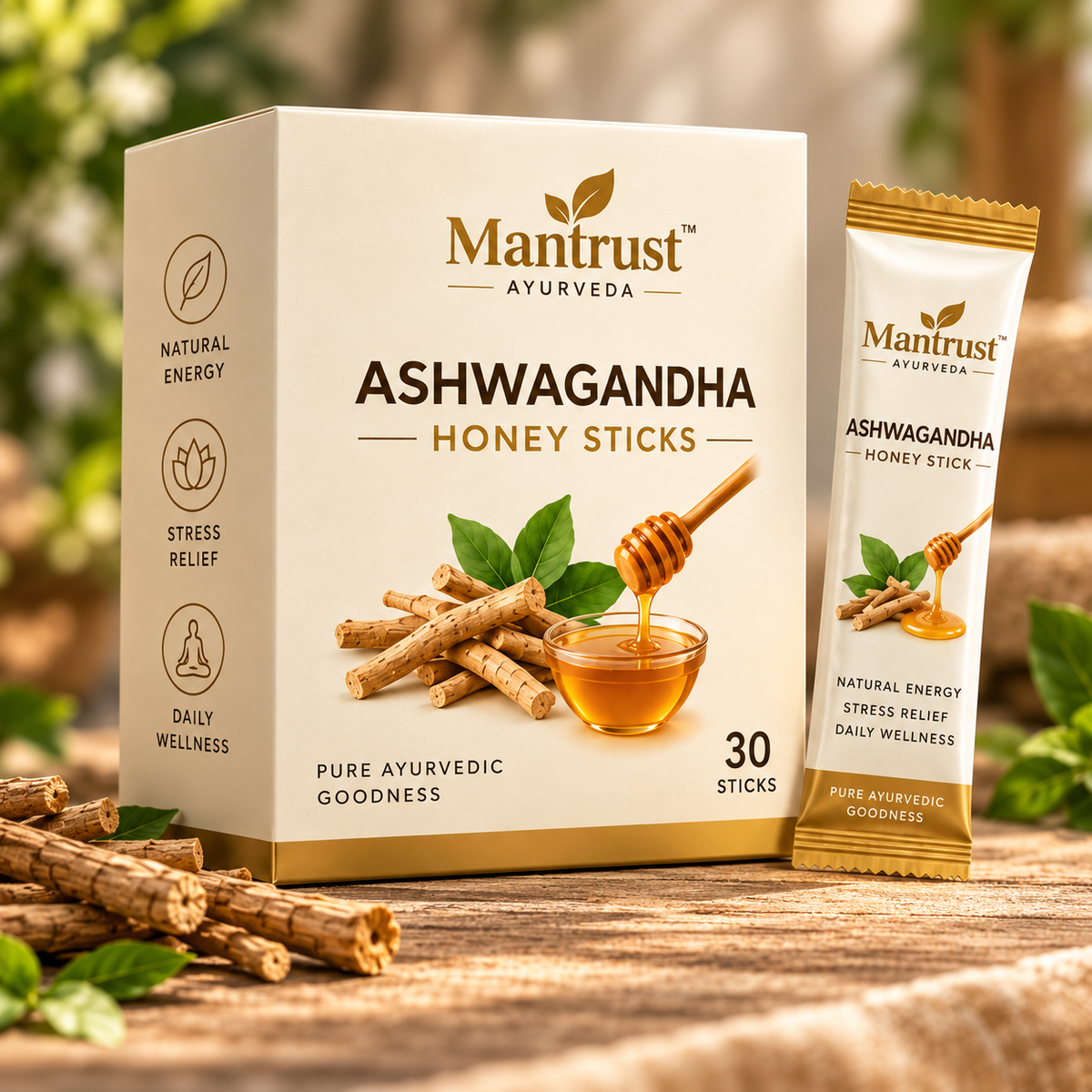 Mantrust Ashwagandha Honey Sticks – 30 Ayurvedic Wellness Sticks for Daily Energy & Stress Support