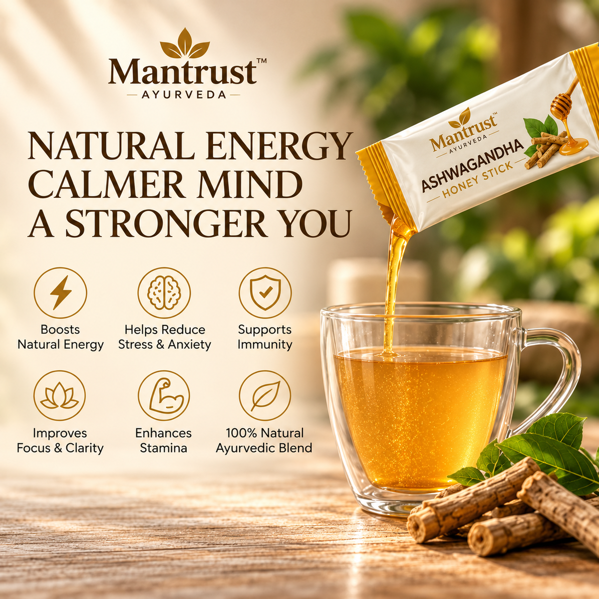 Mantrust Ashwagandha Honey Sticks – 30 Ayurvedic Wellness Sticks for Daily Energy & Stress Support