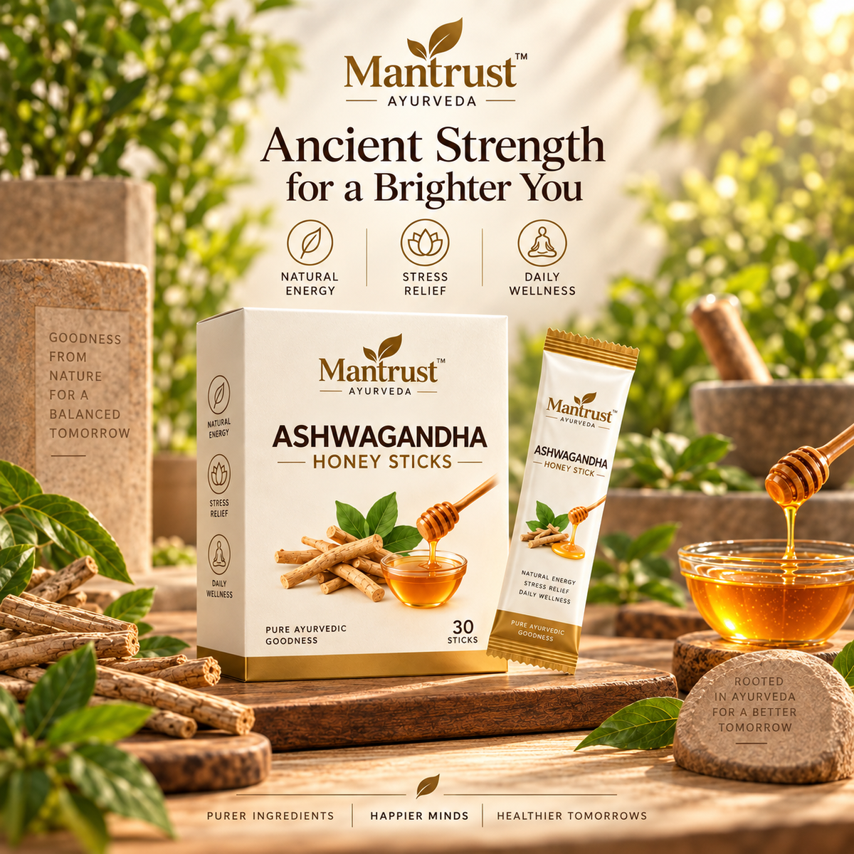 Mantrust Ashwagandha Honey Sticks – 30 Ayurvedic Wellness Sticks for Daily Energy & Stress Support