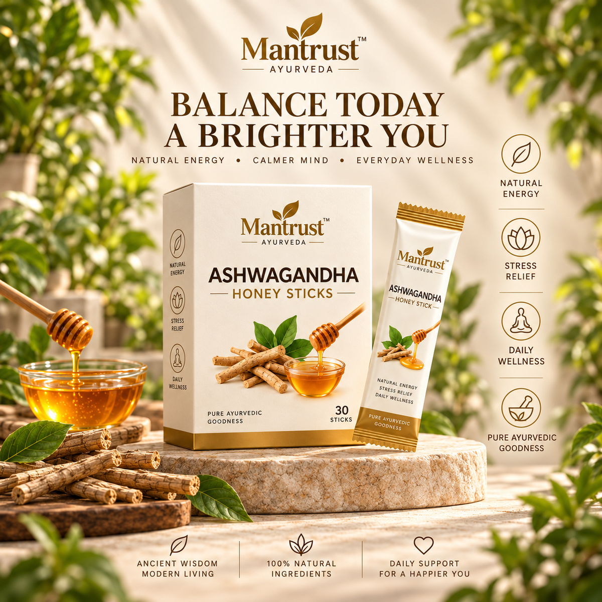 Mantrust Ashwagandha Honey Sticks – 30 Ayurvedic Wellness Sticks for Daily Energy & Stress Support