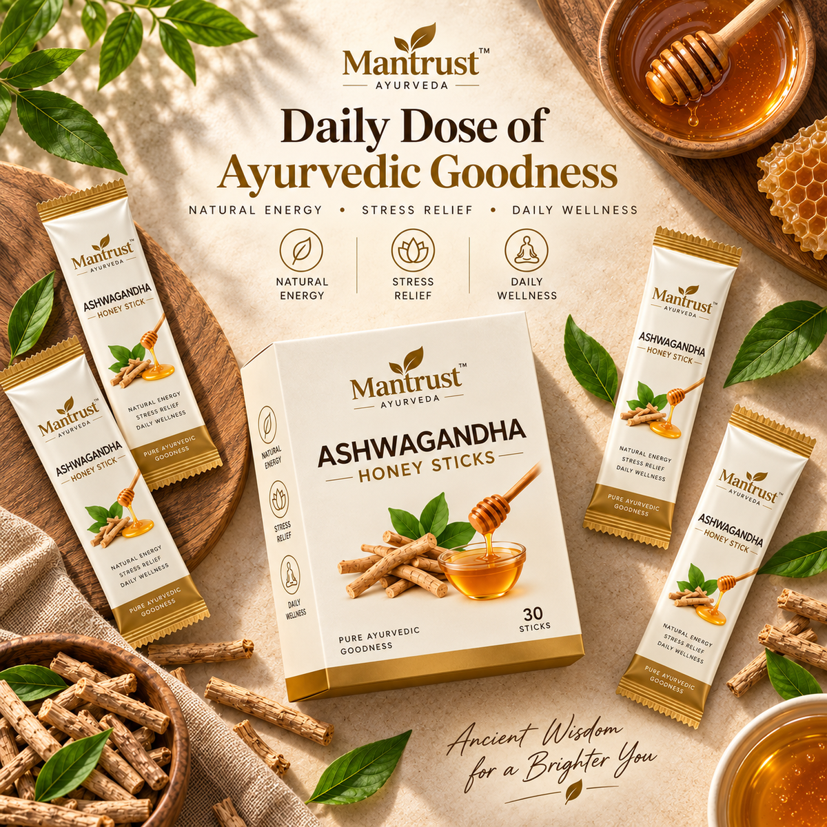Mantrust Ashwagandha Honey Sticks – 30 Ayurvedic Wellness Sticks for Daily Energy & Stress Support