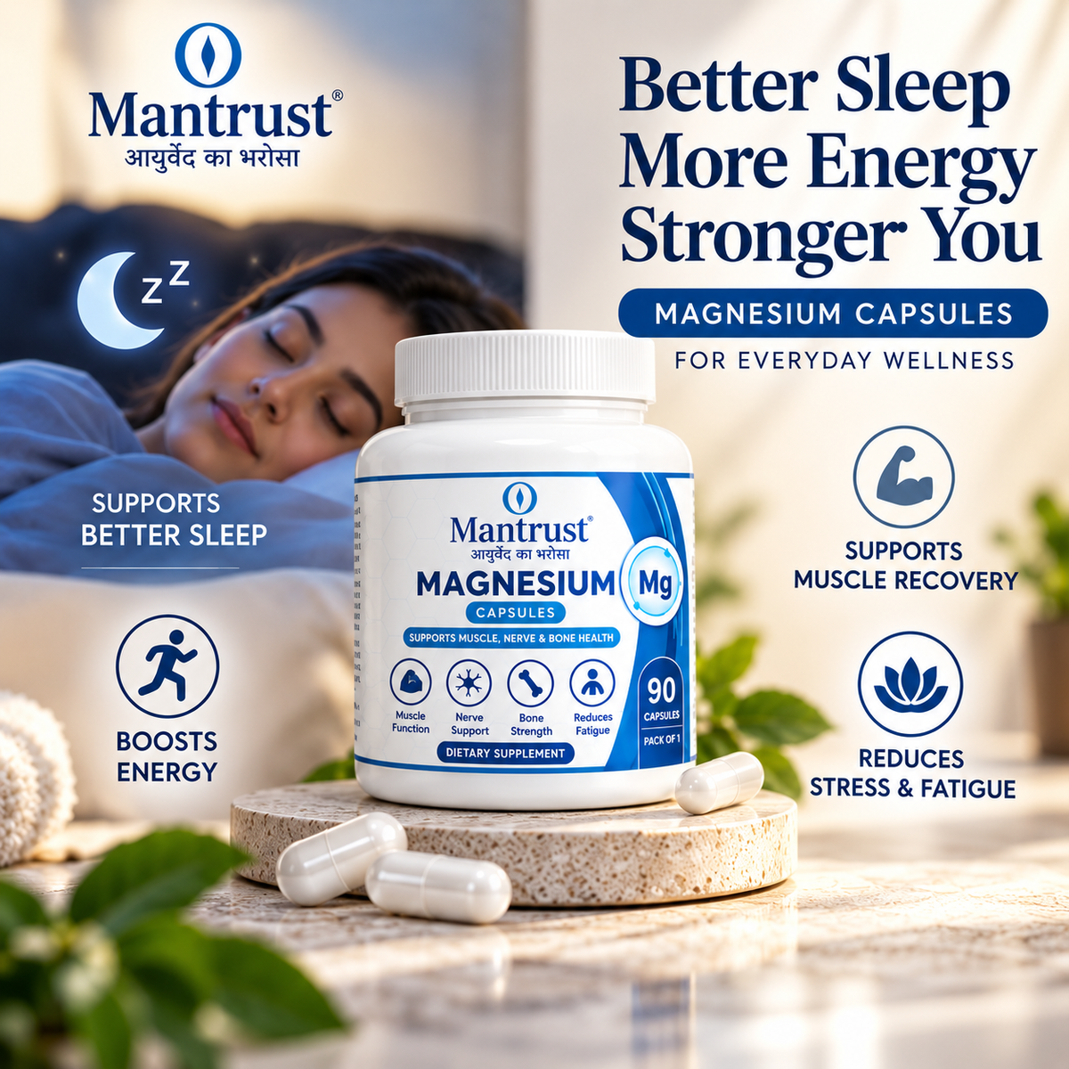 Mantrust Magnesium Capsules 500mg – 90 Capsules | Muscle, Nerve & Bone Health Support
